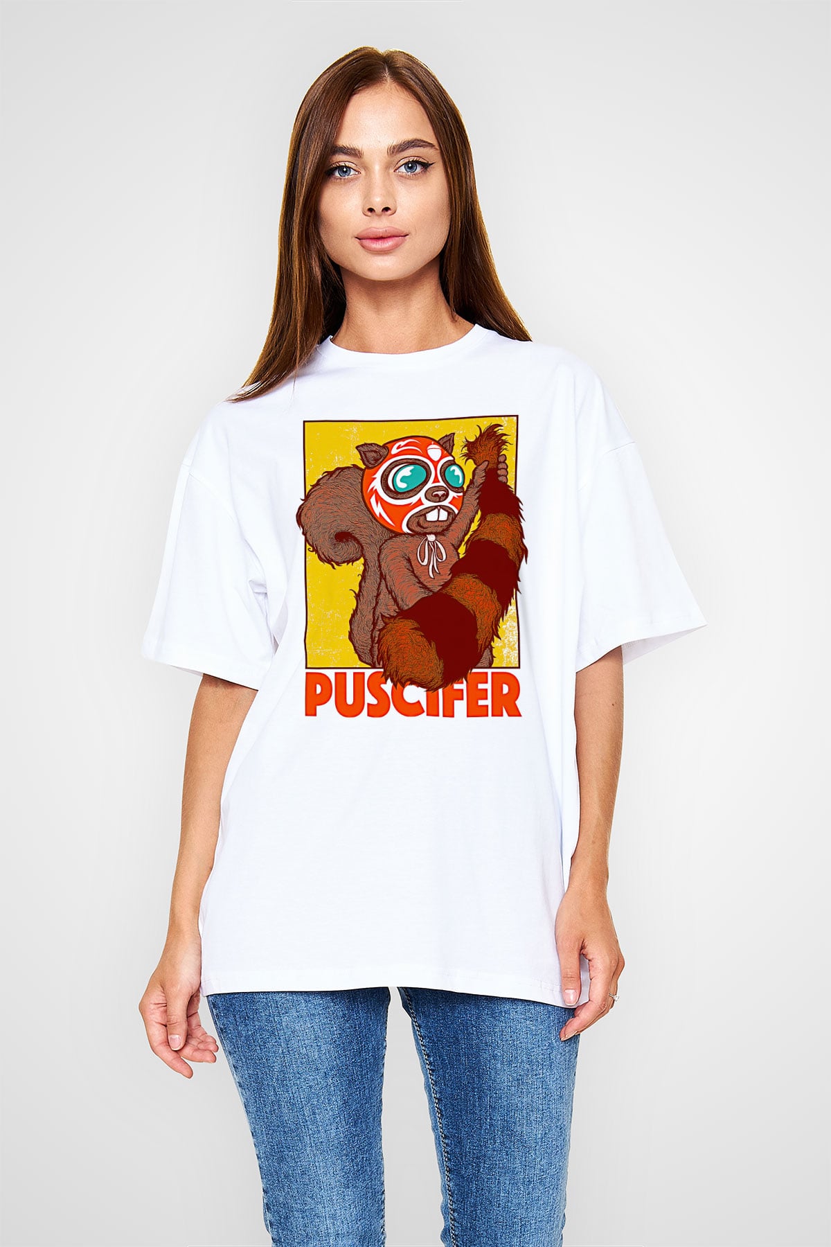 Puscifer Baskılı Beyaz Unisex Oversize Tişört - Tshirt