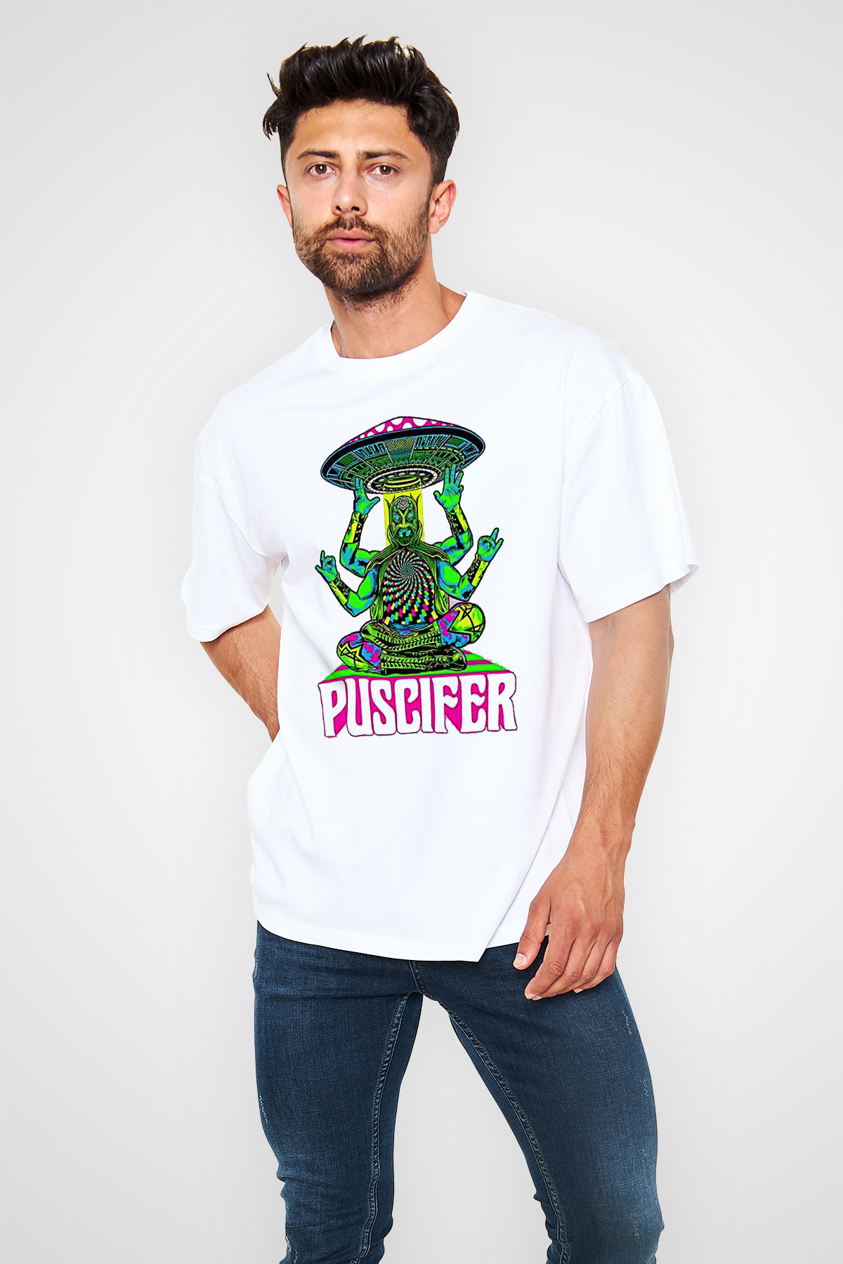 Puscifer Baskılı Beyaz Unisex Oversize Tişört - Tshirt