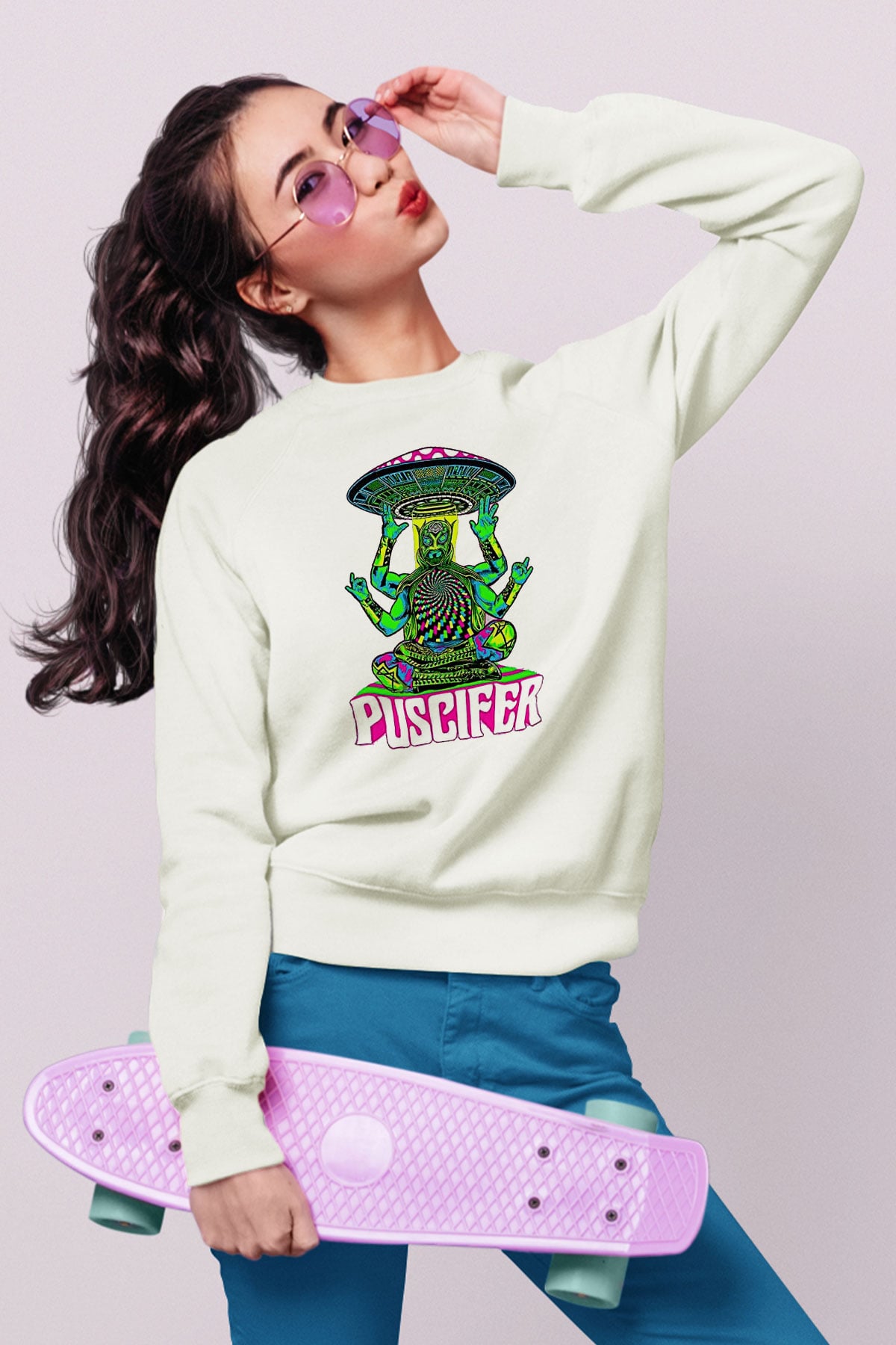 Puscifer Baskılı Beyaz Unisex Sweatshirt