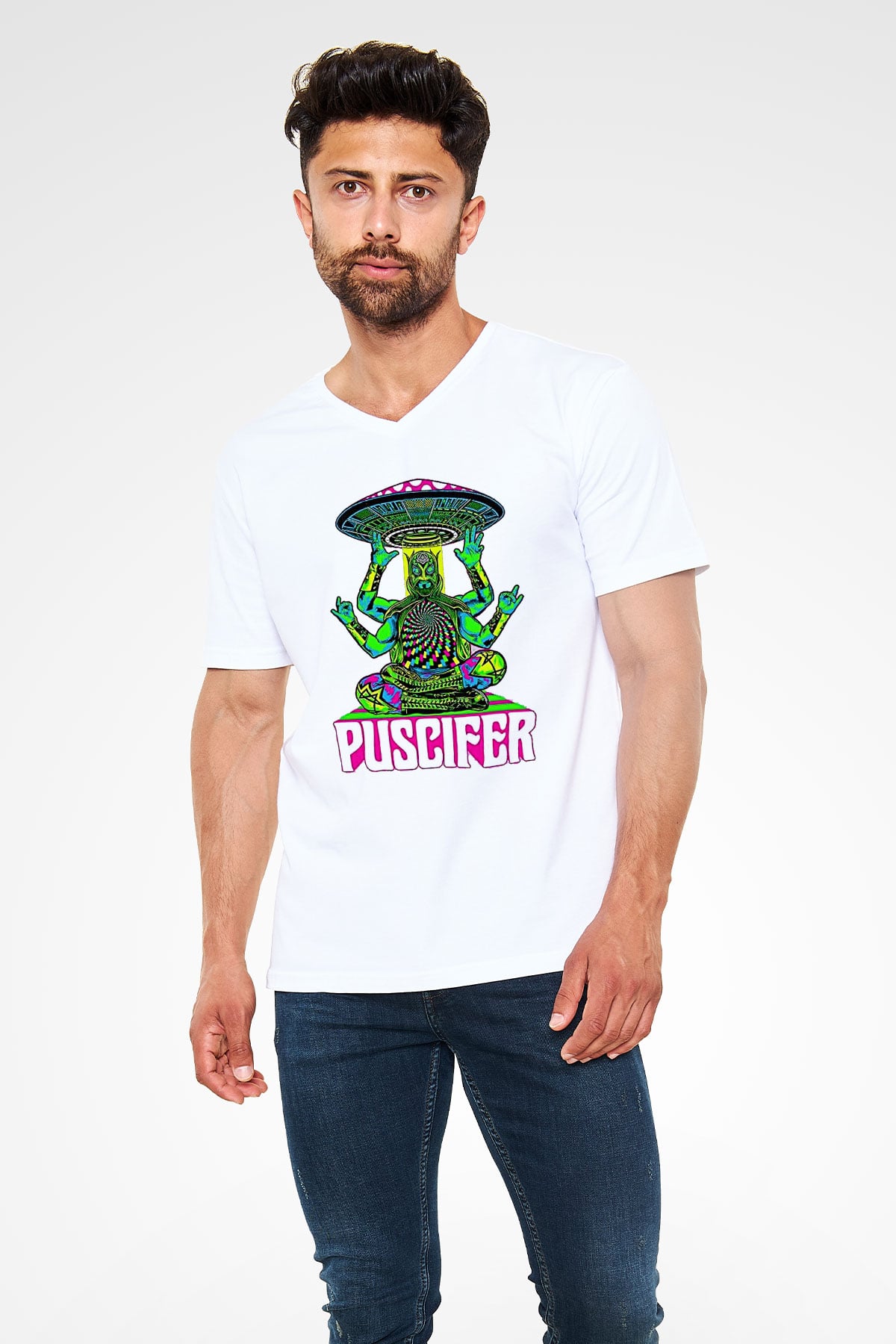 Puscifer Baskılı Beyaz Unisex V Yaka Tişört - Tshirt