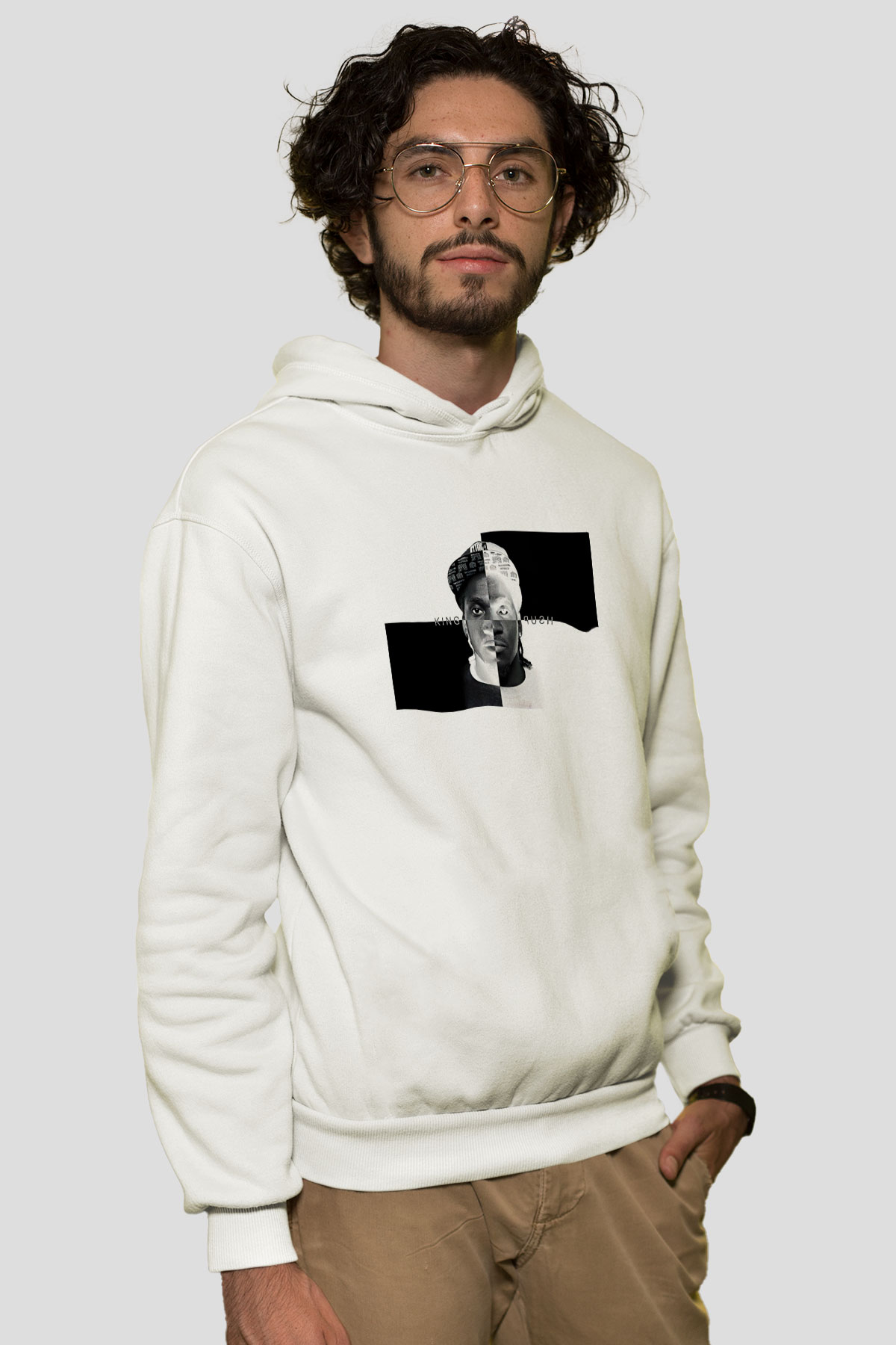 Pusha T Baskılı Beyaz Unisex Kapüşonlu Sweatshirt