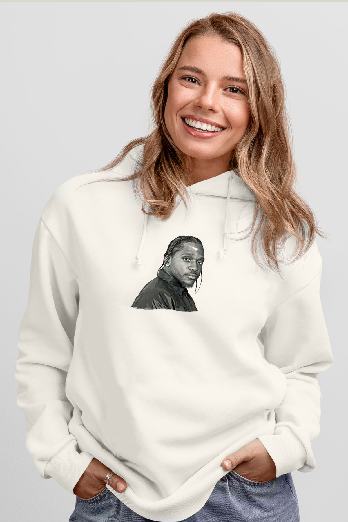 Pusha T Baskılı Beyaz Unisex Kapüşonlu Sweatshirt