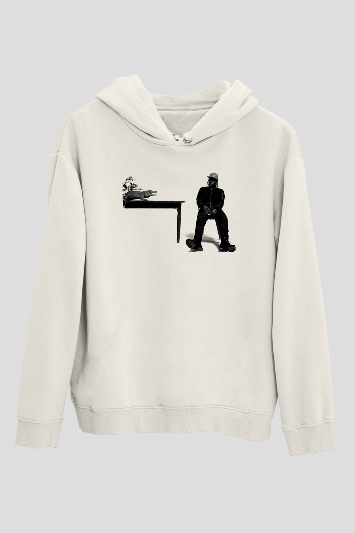 Pusha T Baskılı Beyaz Unisex Kapüşonlu Sweatshirt