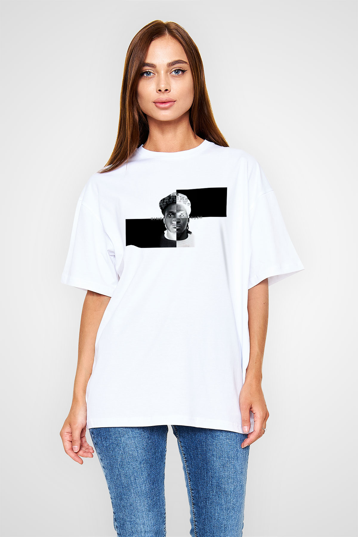 Pusha T Baskılı Beyaz Unisex Oversize Tişört - Tshirt