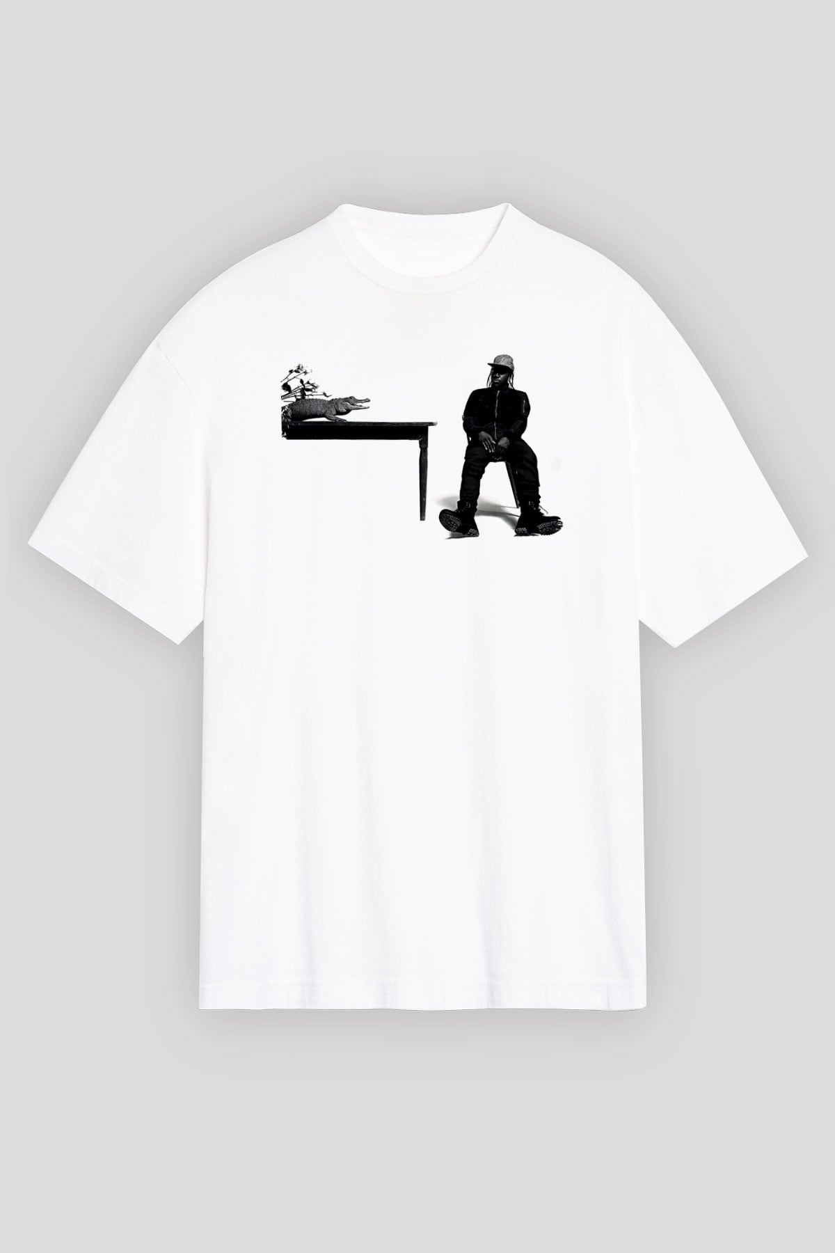 Pusha T Baskılı Beyaz Unisex Oversize Tişört - Tshirt