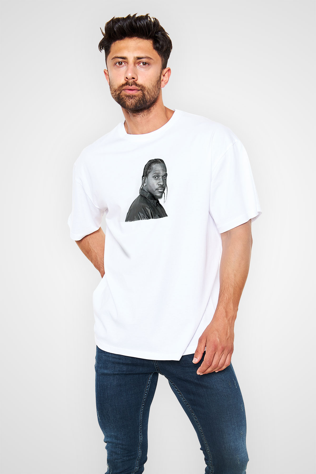 Pusha T Baskılı Beyaz Unisex Oversize Tişört - Tshirt