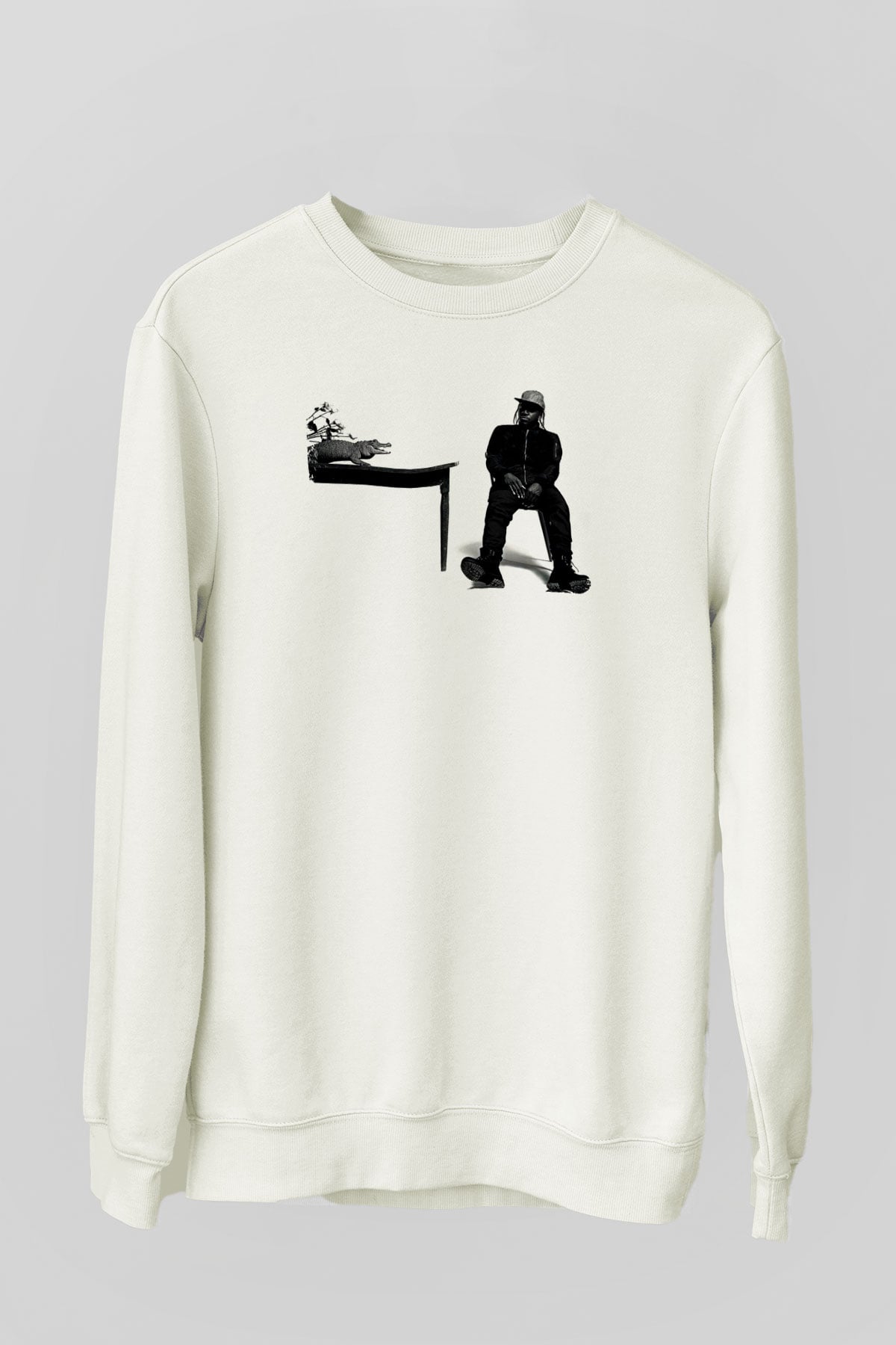 Pusha T Baskılı Beyaz Unisex Sweatshirt
