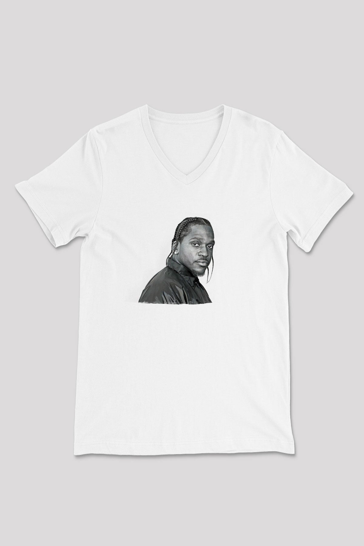 Pusha T Baskılı Beyaz Unisex V Yaka Tişört - Tshirt
