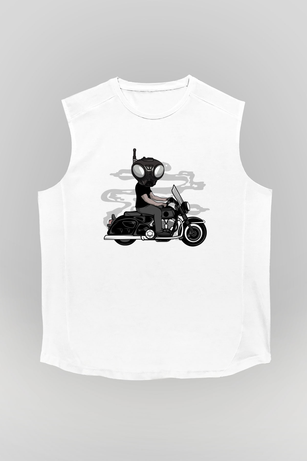 Q9-O Biker Baskılı Beyaz Unisex Kolsuz Tişört
