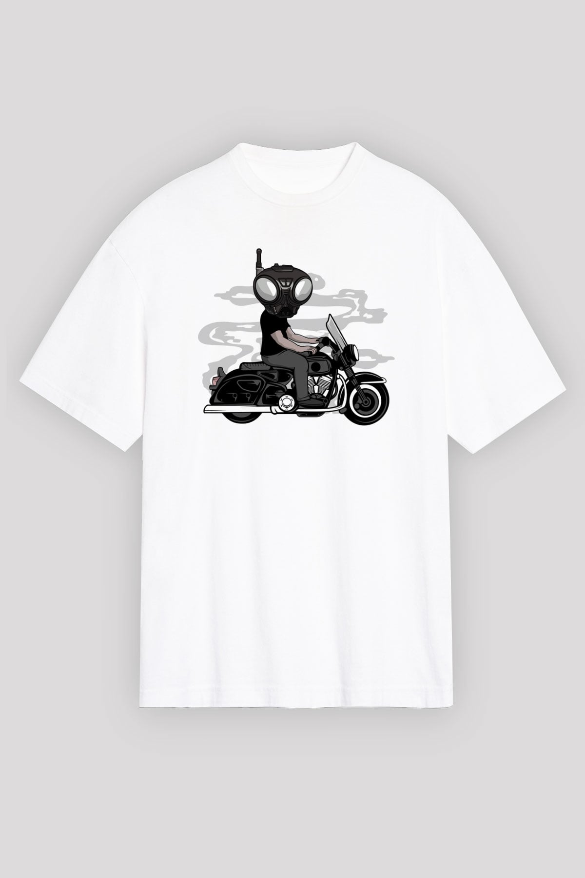 Q9-O Biker Baskılı Beyaz Unisex Oversize Tişört