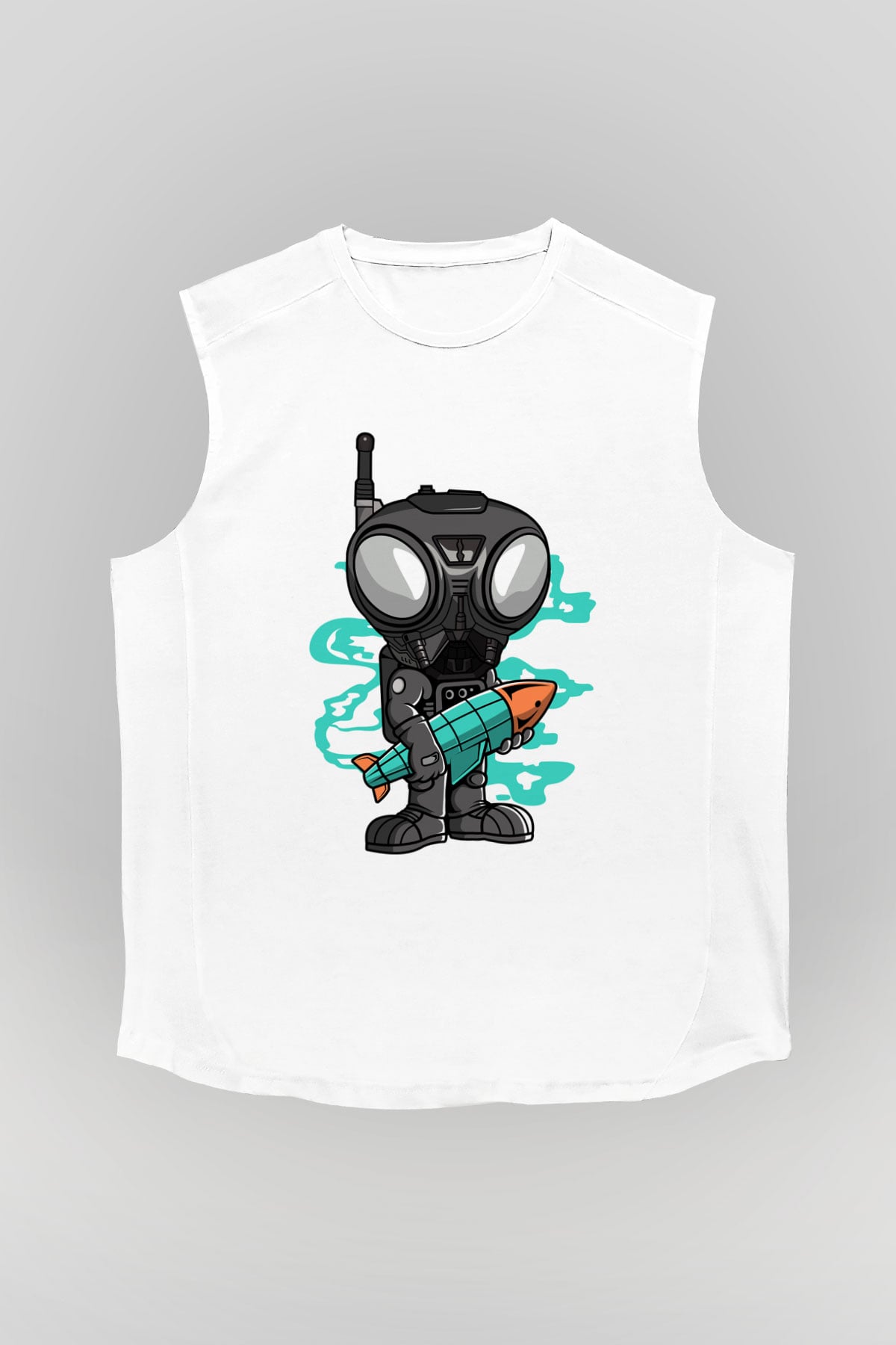 Q9-O Rocket Baskılı Beyaz Unisex Kolsuz Tişört