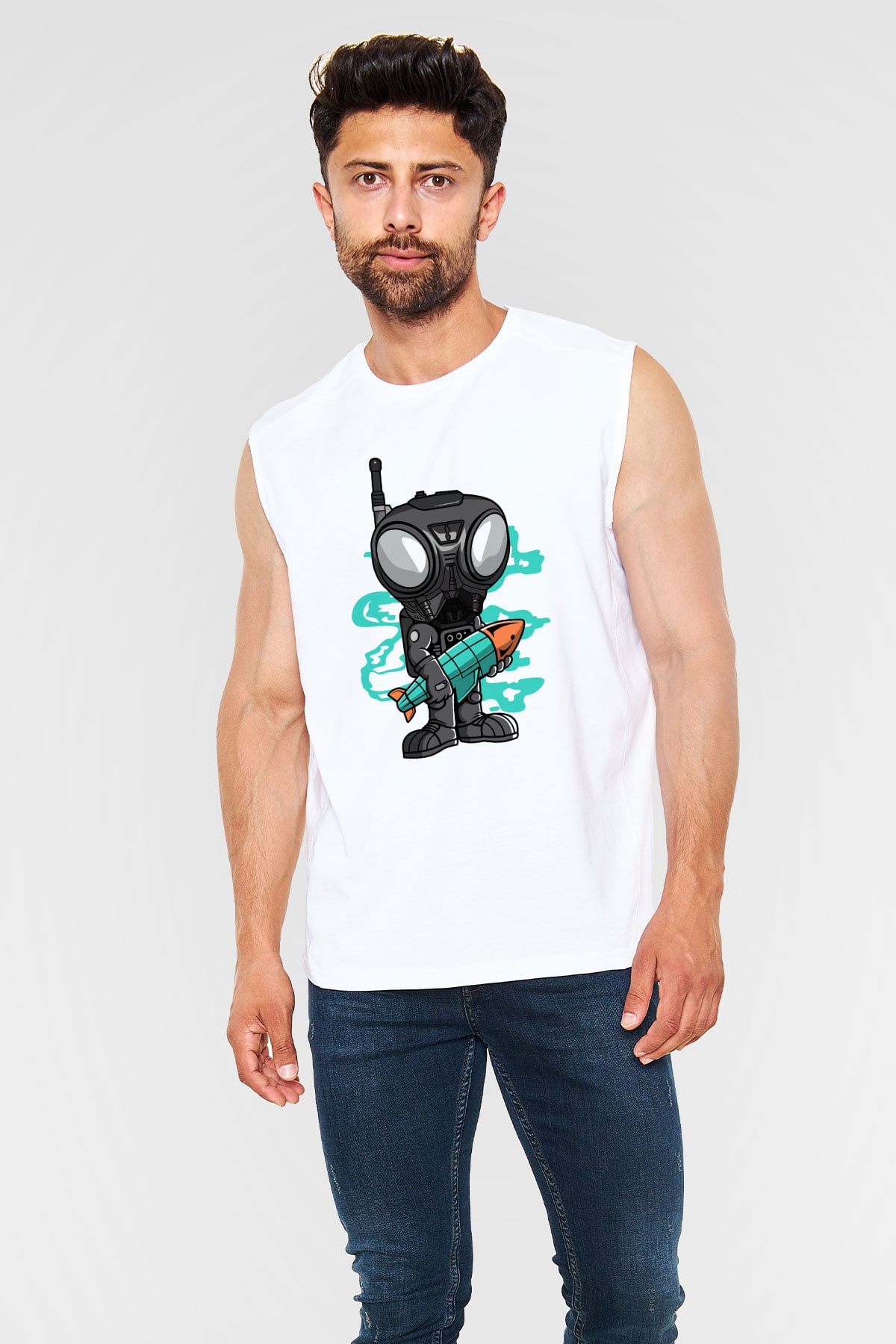Q9-O Rocket Baskılı Beyaz Unisex Kolsuz Tişört