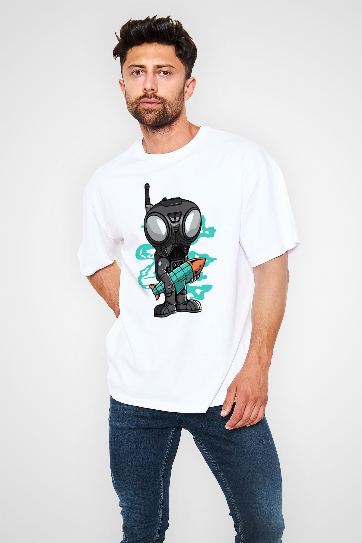 Q9-O Rocket Baskılı Beyaz Unisex Oversize Tişört