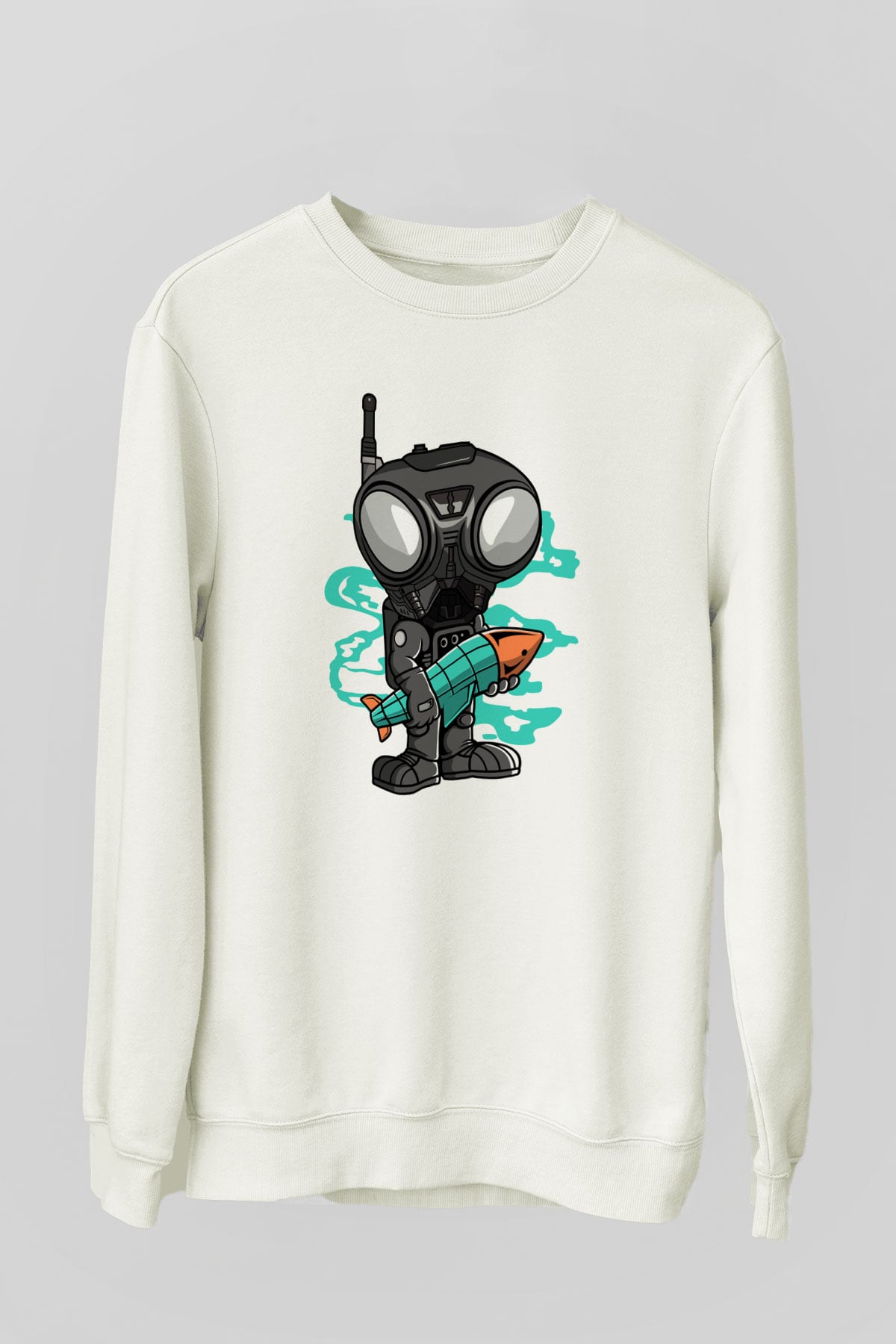 Q9-O Rocket Baskılı Beyaz Unisex Sweatshirt