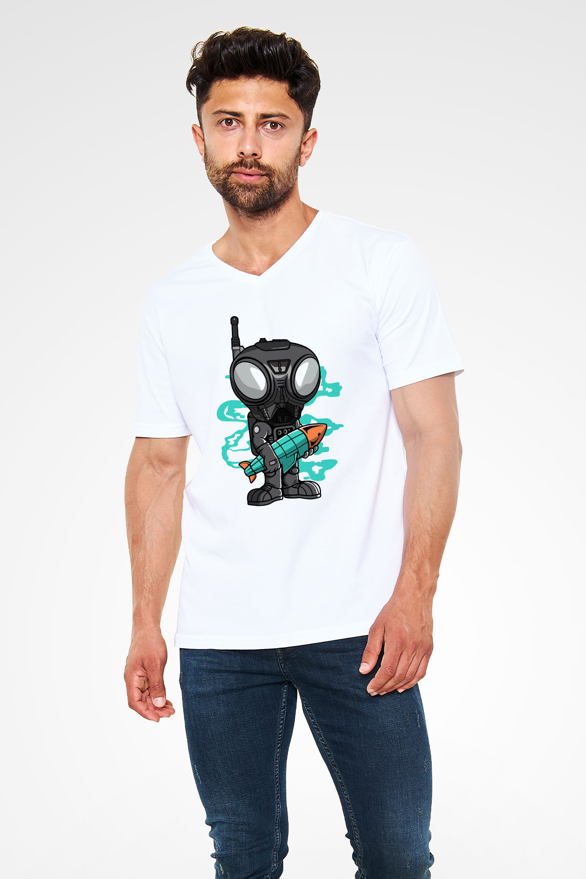 Q9-O Rocket Baskılı Beyaz Unisex V Yaka Tişört