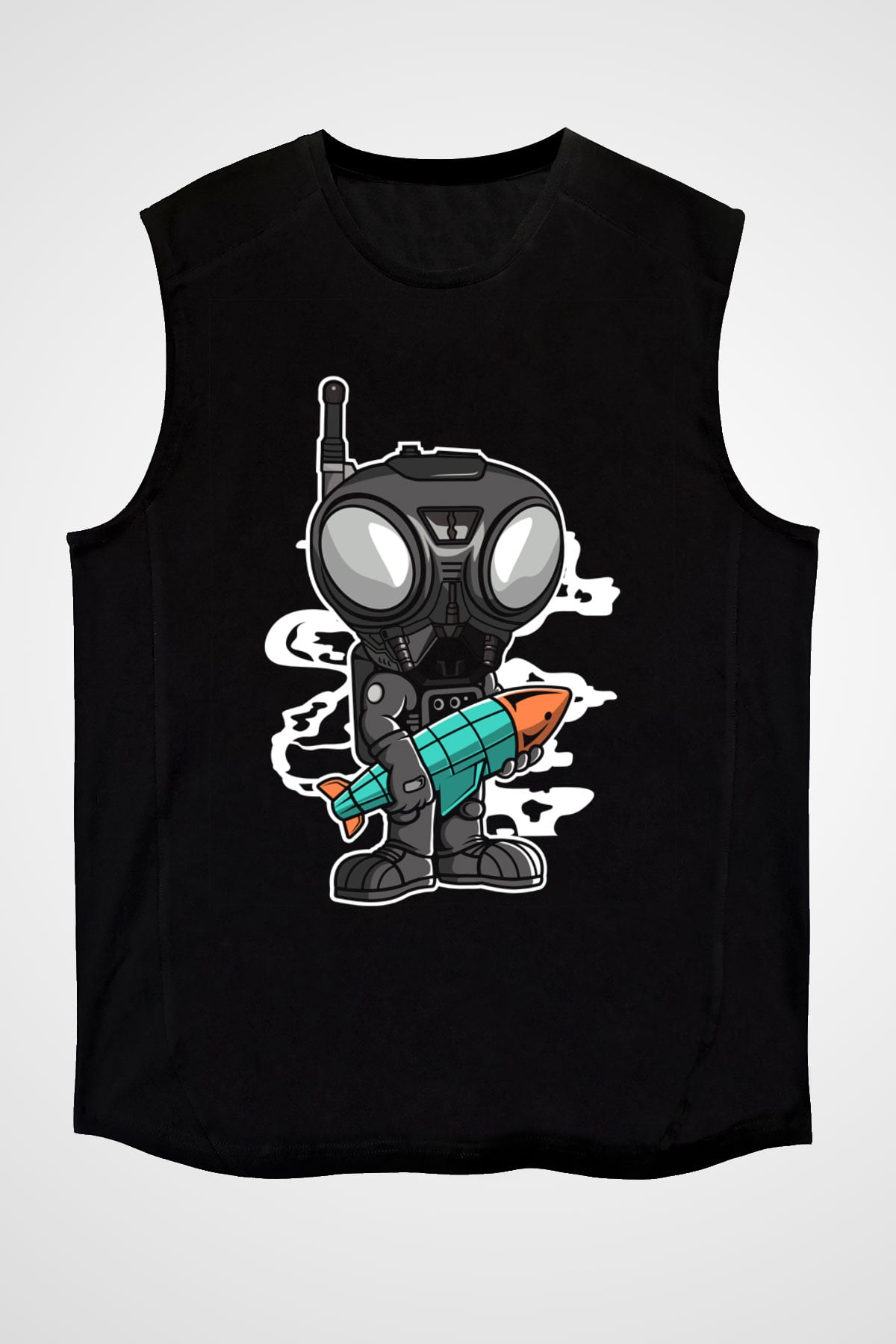 Q9-O Rocket Baskılı Siyah Unisex Kolsuz Tişört