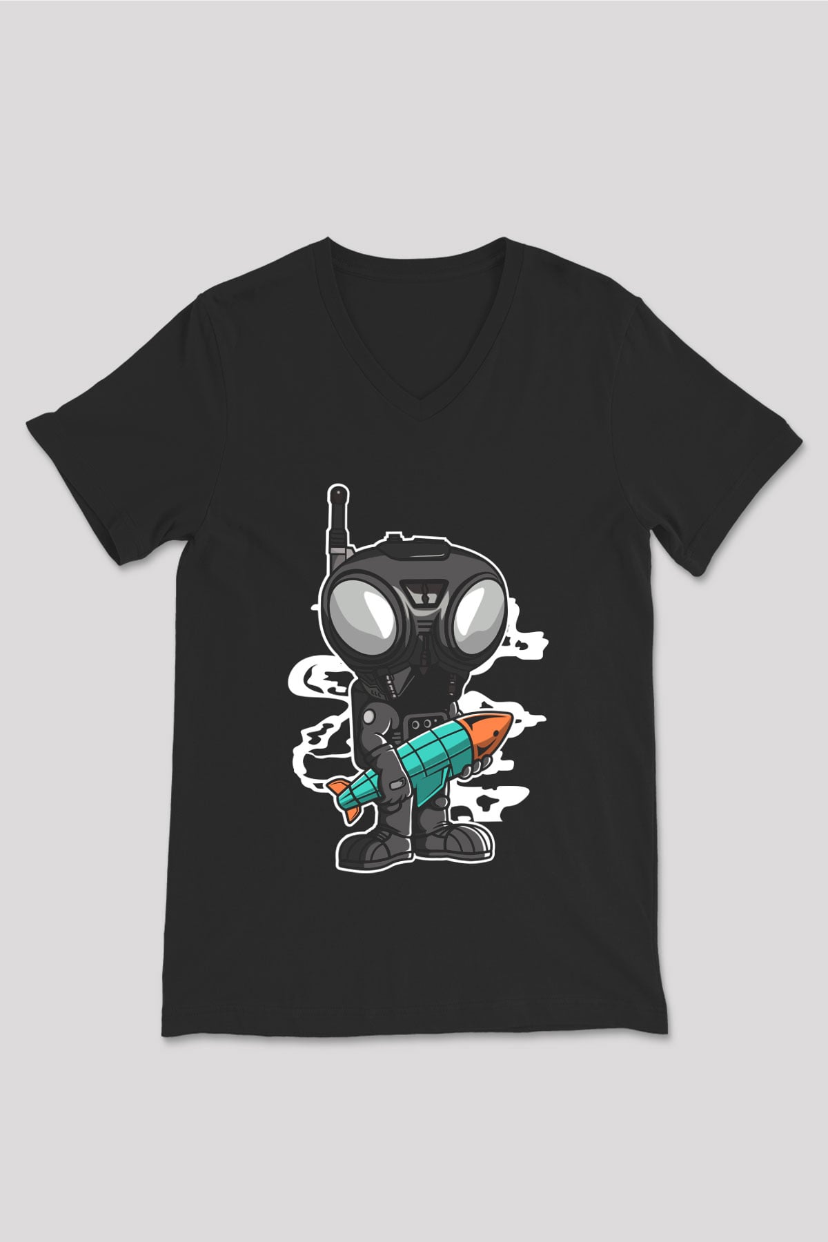 Q9-O Rocket Baskılı Siyah Unisex V Yaka Tişört