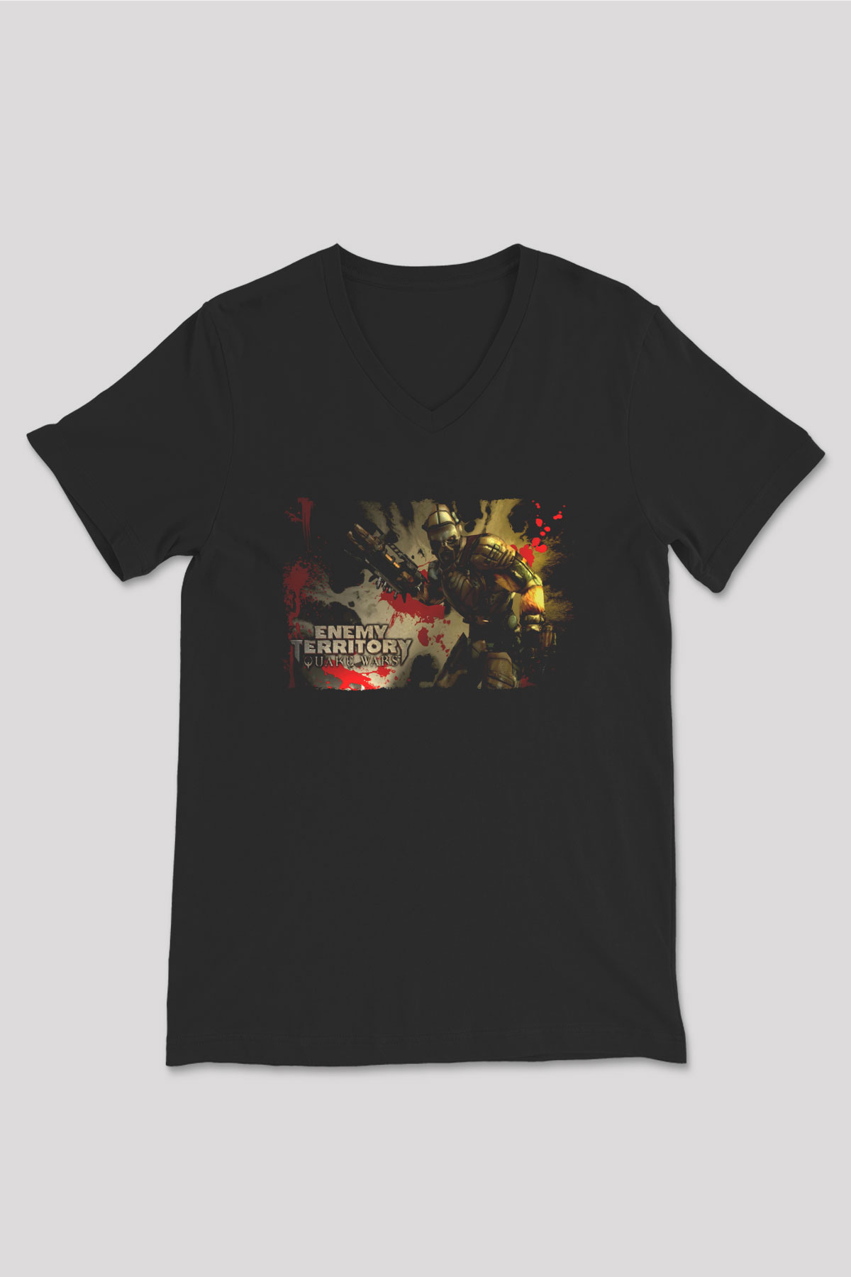 Quake Wars Siyah Unisex V Yaka Tişört