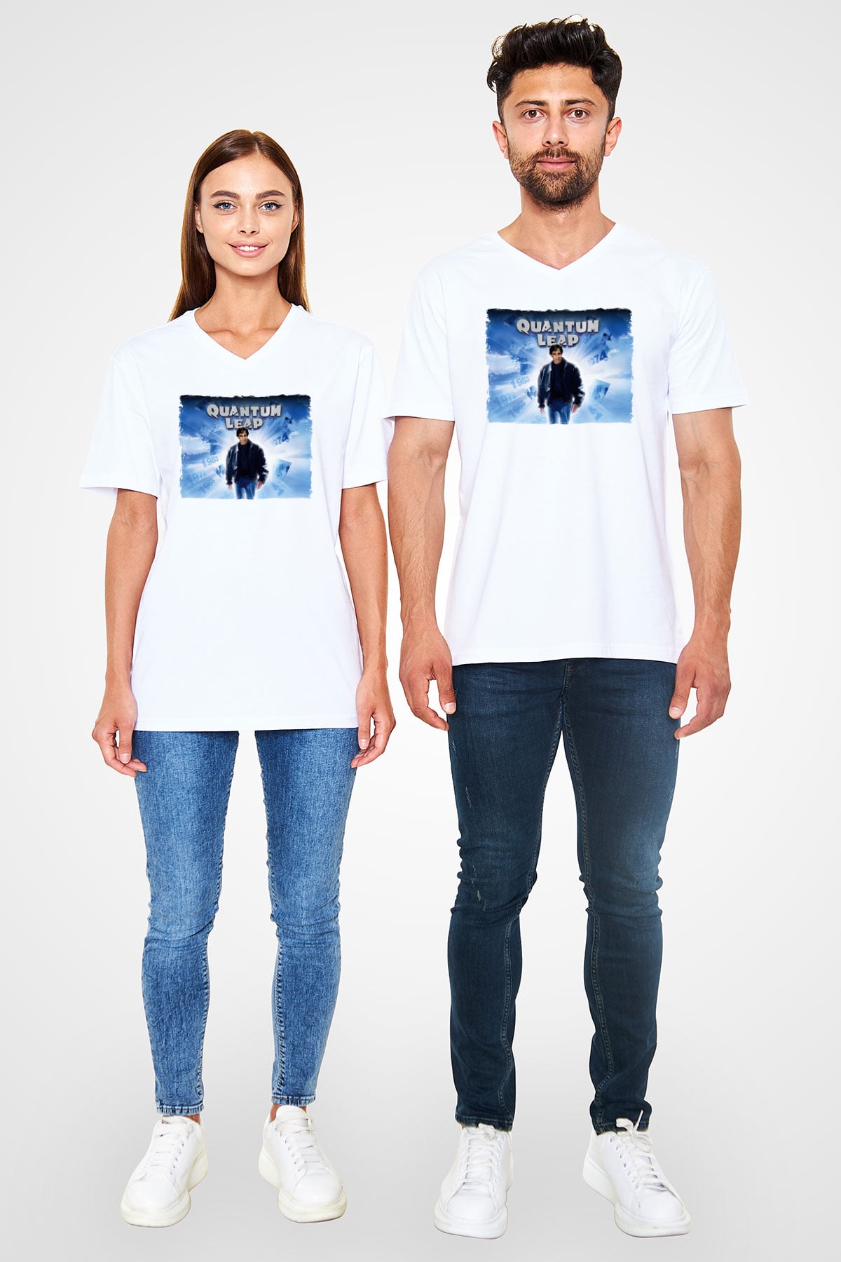 Quantum Leap Beyaz Unisex  V Yaka Tişört
