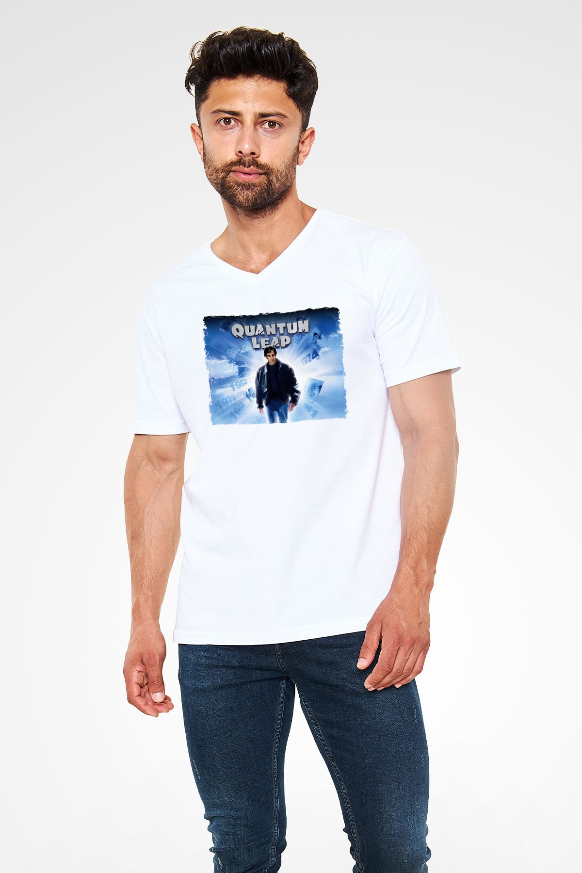Quantum Leap Beyaz Unisex  V Yaka Tişört