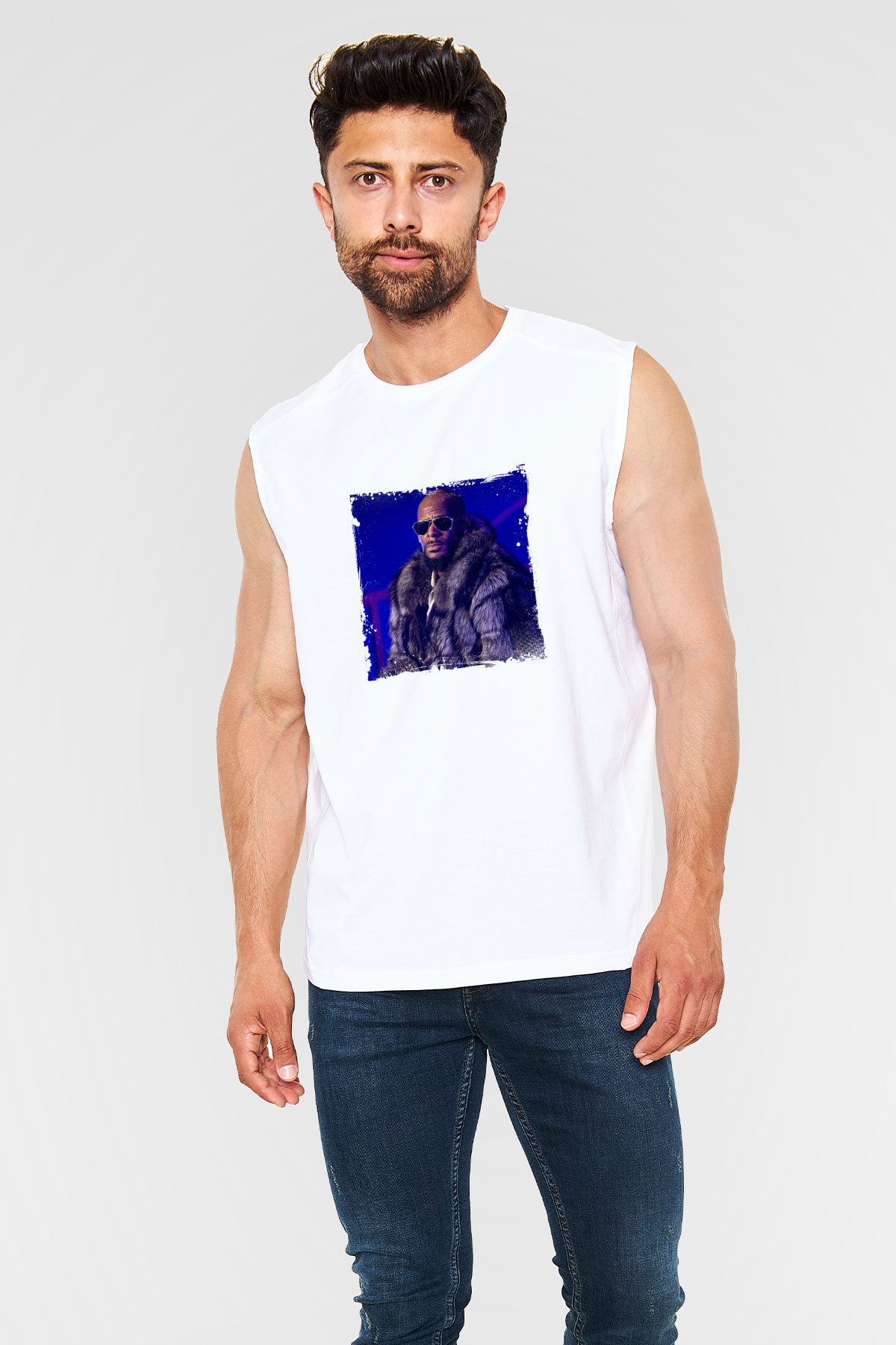 R. Kelly Baskılı Unisex Beyaz Kolsuz Tişört