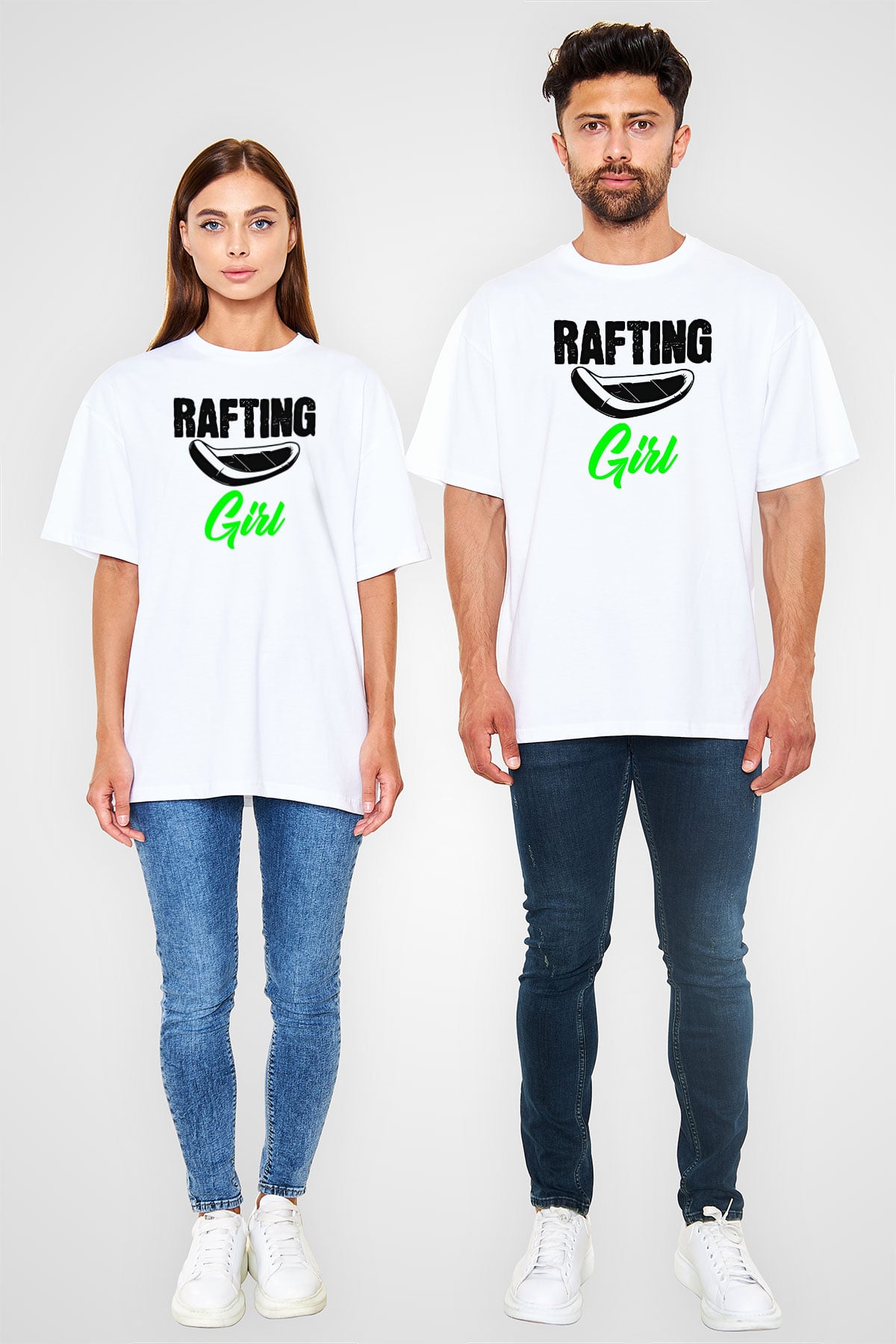 Rafting Baskılı Unisex Beyaz Oversize Tişört - Tshirt