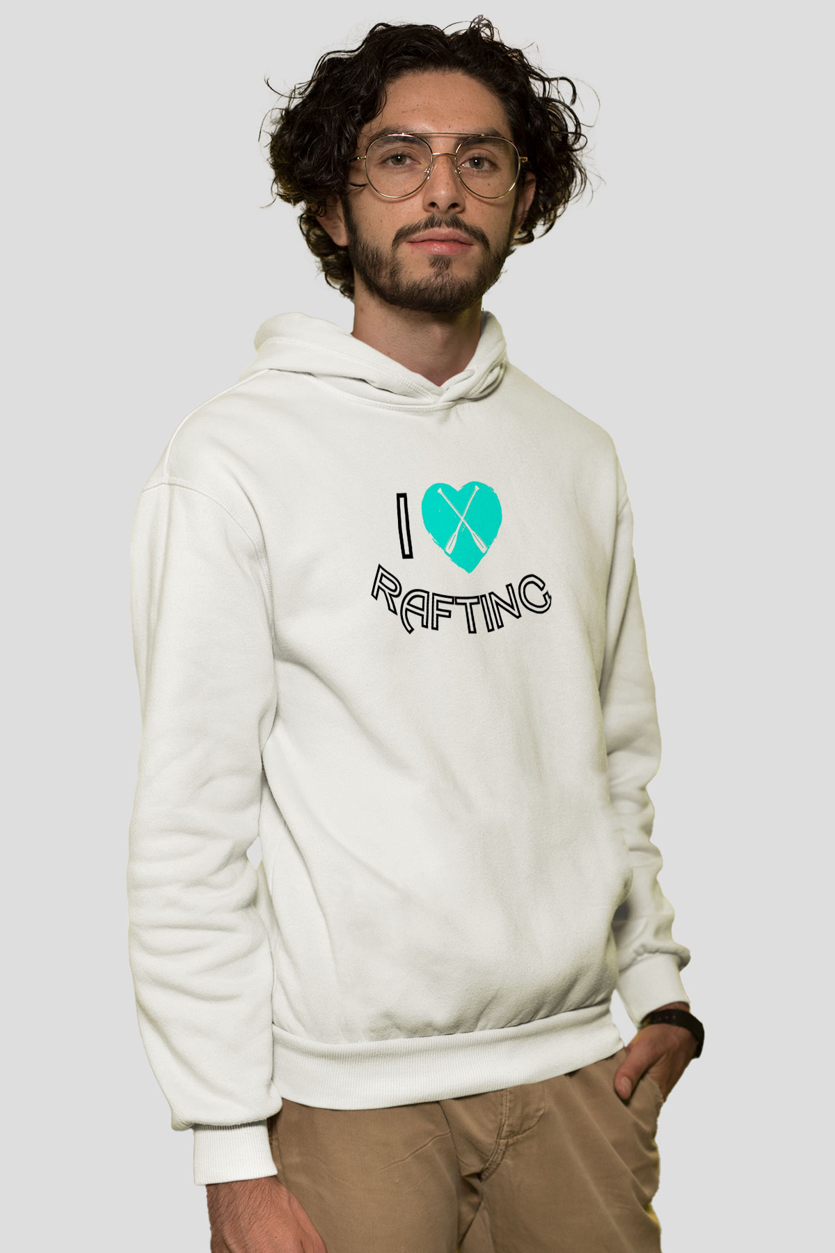 Rafting Baskılı Unisex Ekru Hoodie