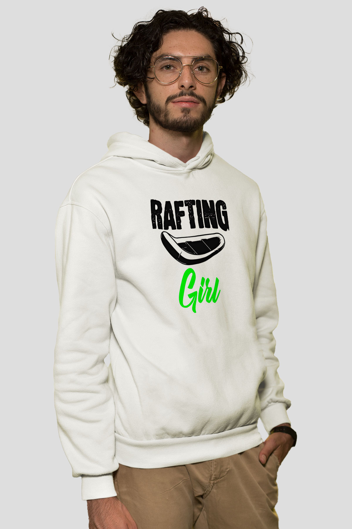 Rafting Baskılı Unisex Ekru Hoodie