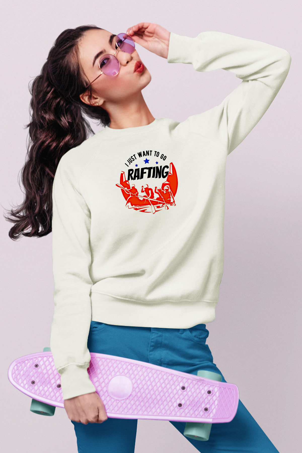 Rafting Baskılı Unisex Ekru Sweatshirt