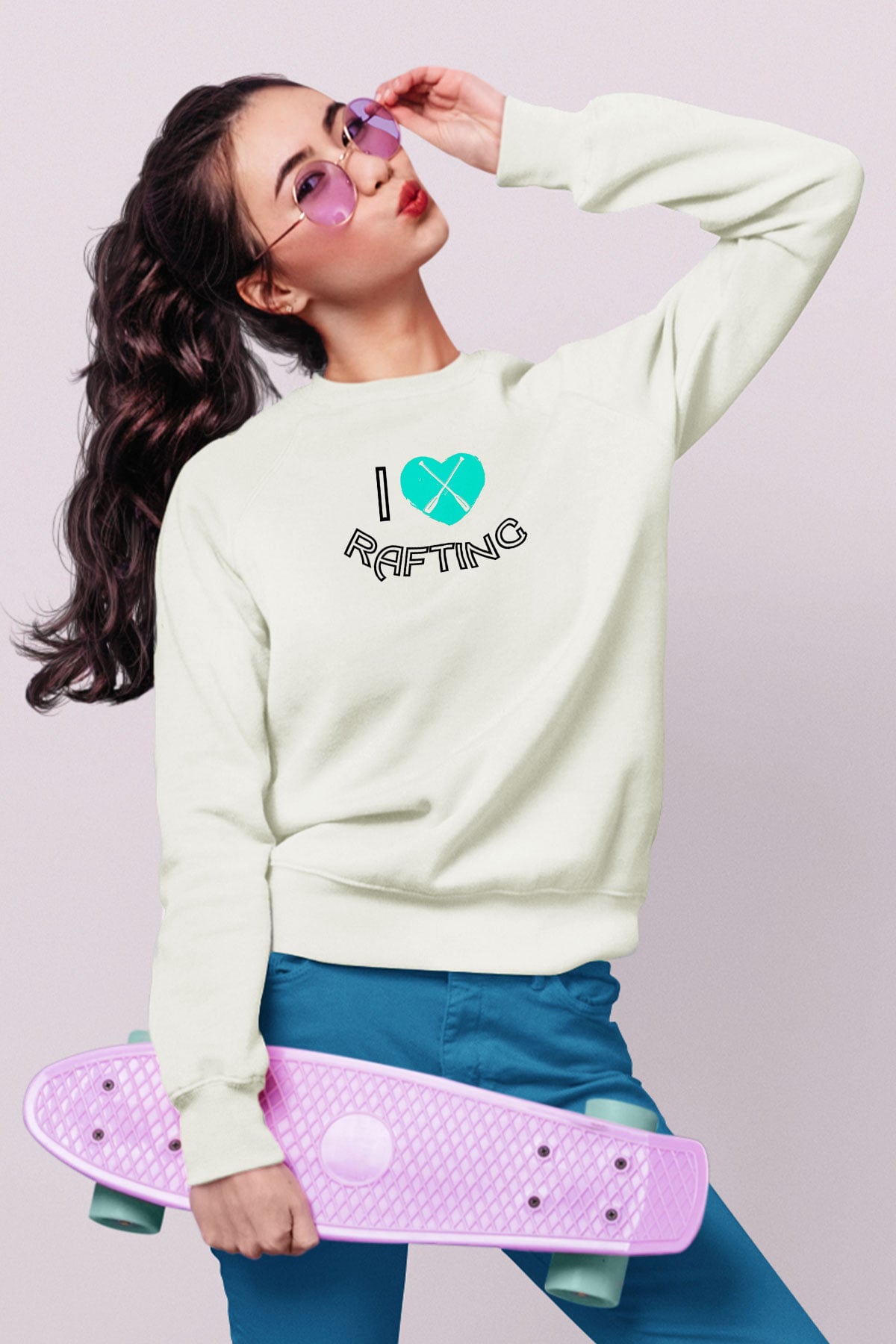 Rafting Baskılı Unisex Ekru Sweatshirt