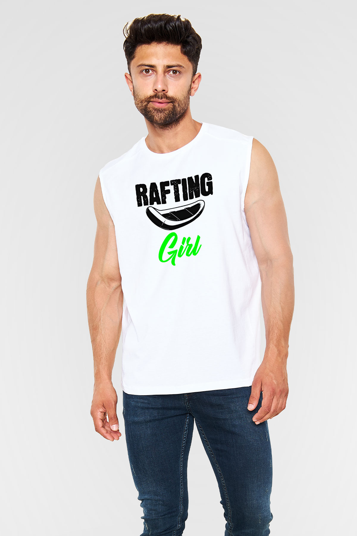 Rafting Baskılı Unisex Kolsuz Beyaz Tişört