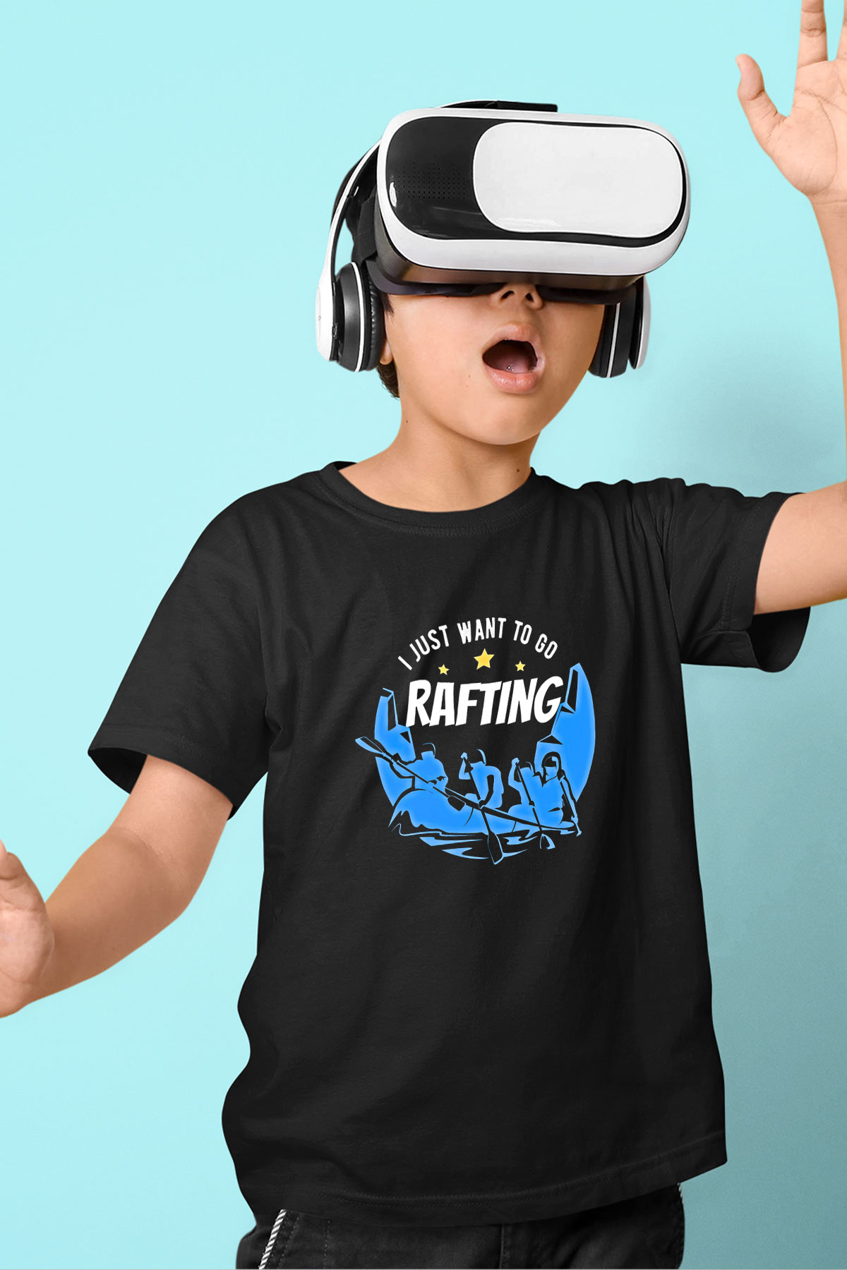 Rafting Baskılı Unisex Siyah Çocuk Tİşörtü - Tshirt