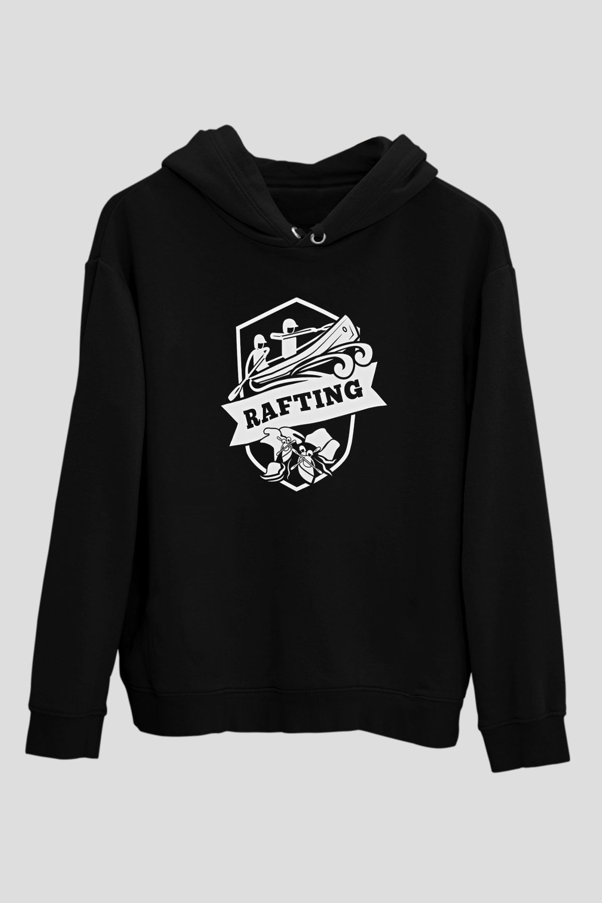 Rafting Baskılı Unisex Siyah Kapüşonlu Sweatshirt
