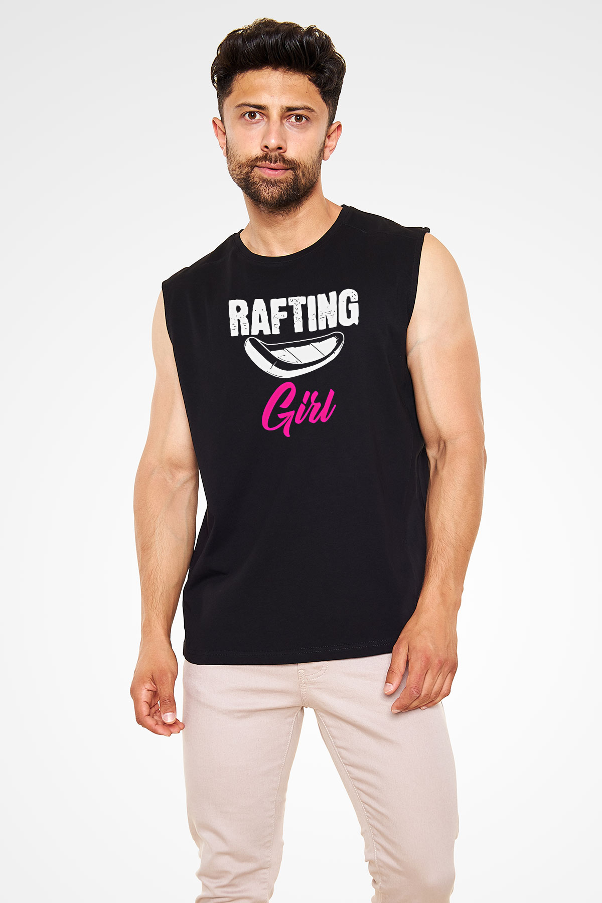 Rafting Baskılı Unisex Siyah Kolsuz Tişört