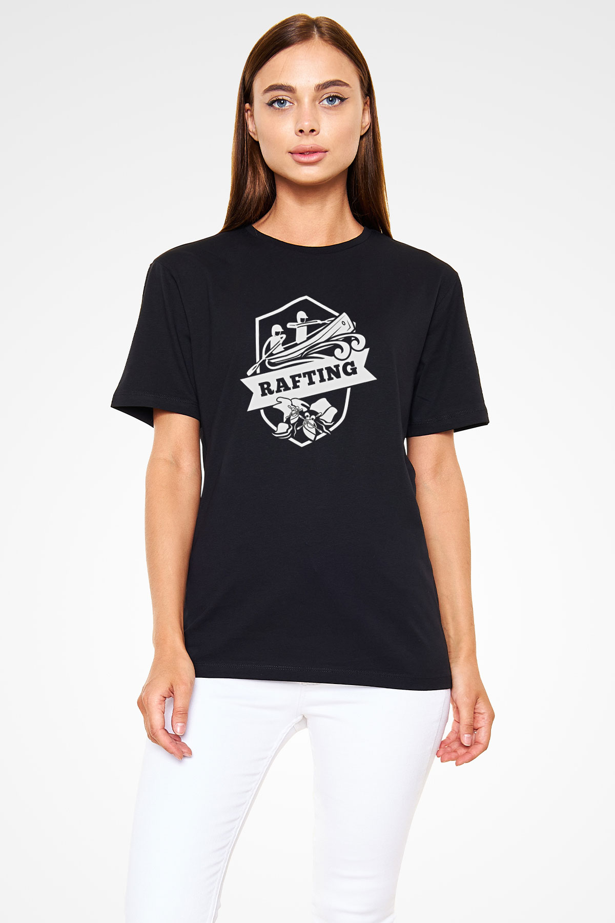 Rafting Baskılı Unisex Siyah Tişört - Tshirt