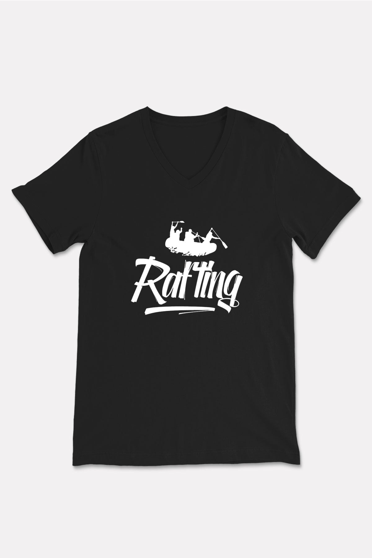 Rafting Baskılı Unisex Siyah V Yaka Tişört
