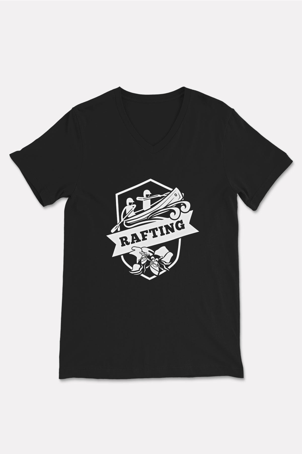 Rafting Baskılı Unisex Siyah V Yaka Tişört