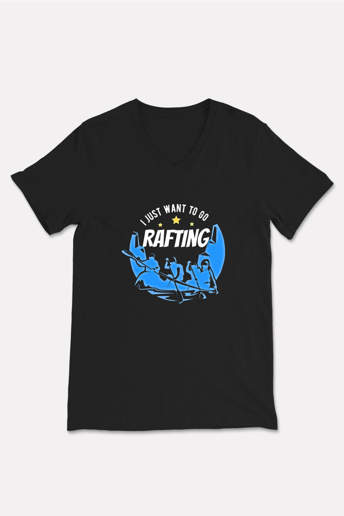 Rafting Baskılı Unisex Siyah V Yaka Tişört