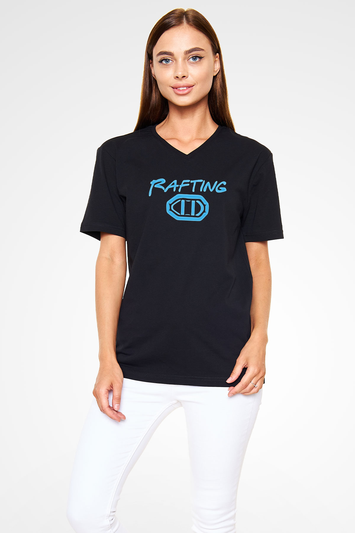 Rafting Baskılı Unisex Siyah V Yaka Tişört