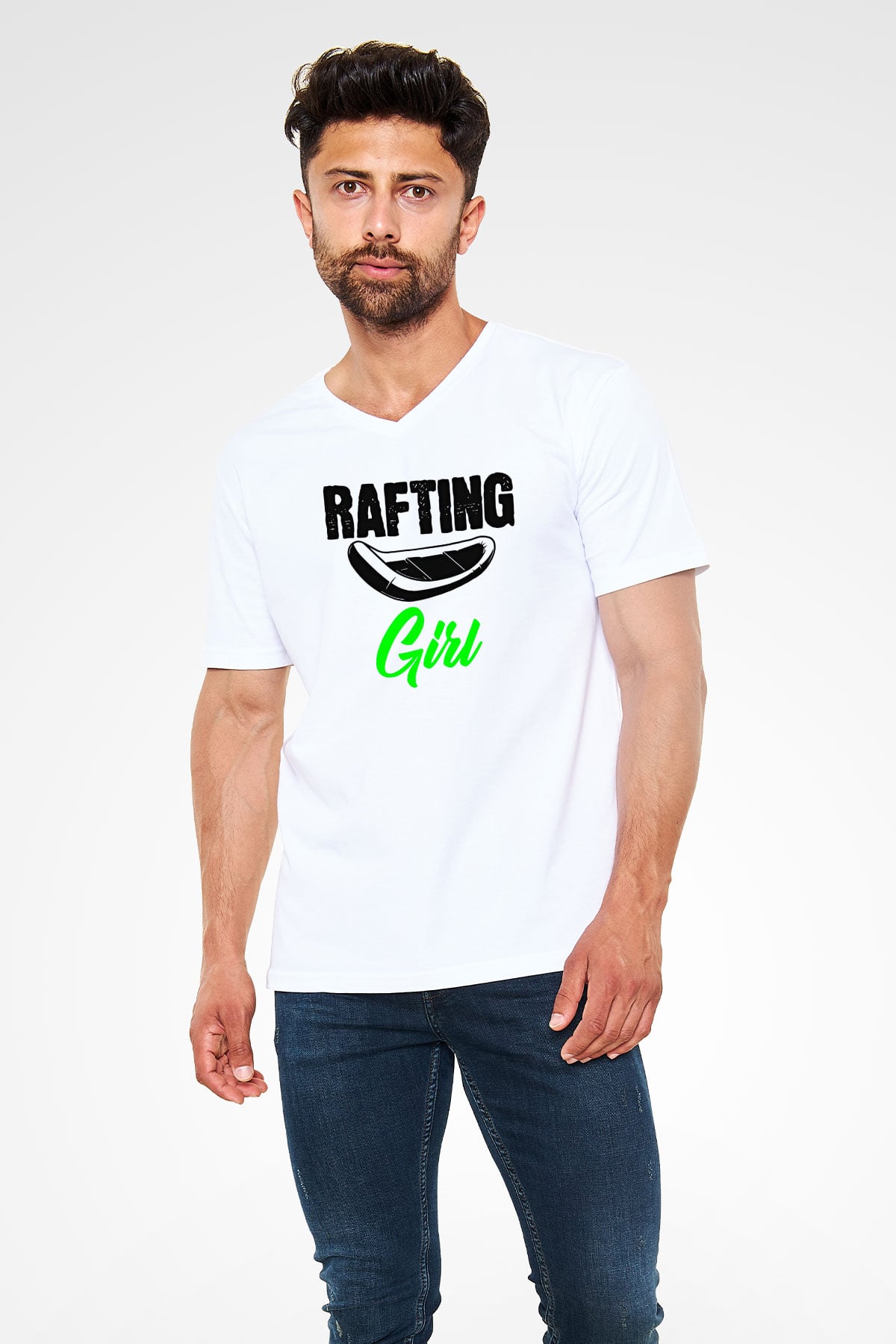 Rafting Baskılı Unisex V Yaka Tişört - Tshirt