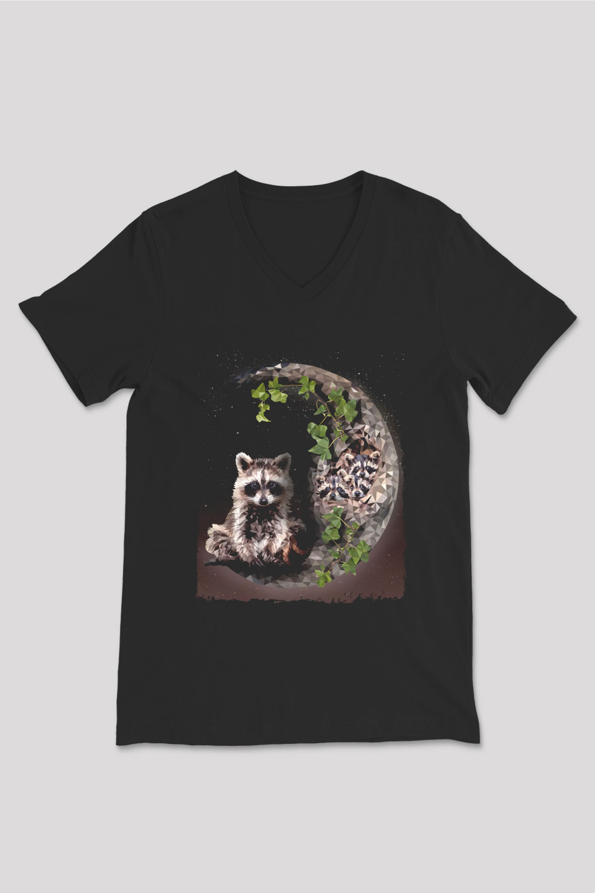 Rakun Siyah Unisex V Yaka Tişört