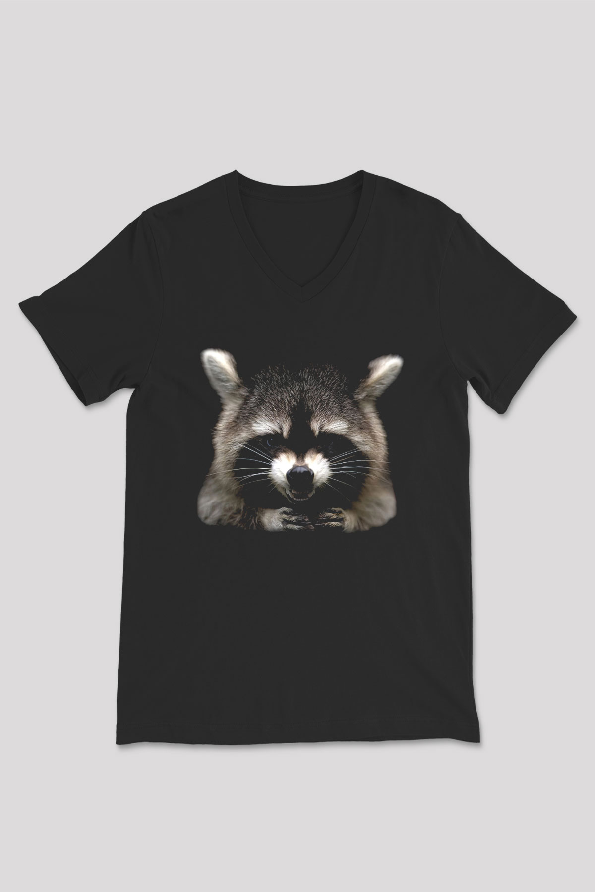 Rakun Siyah Unisex V Yaka Tişört T-Shirt