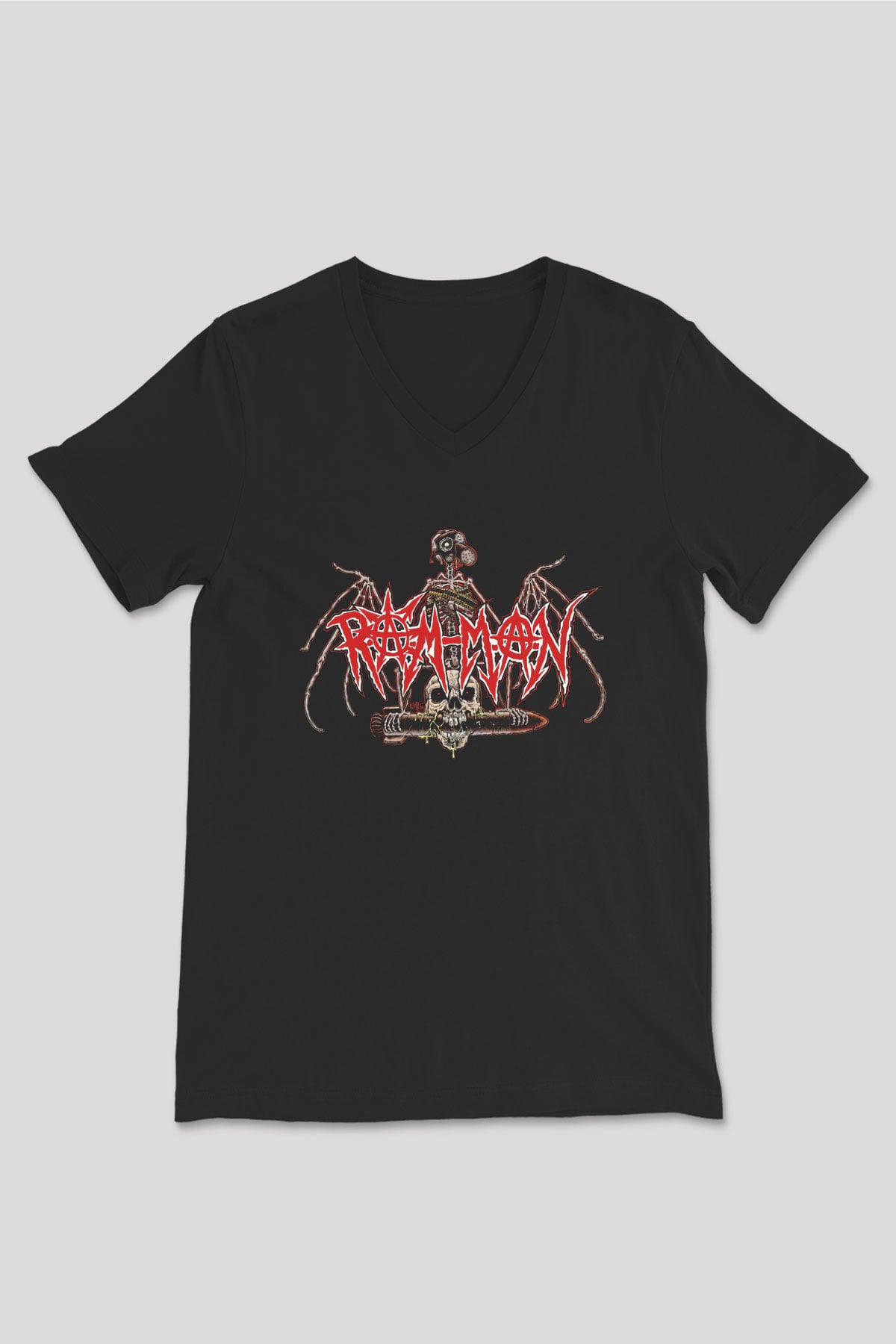 Ram Man Baskılı Unisex Siyah V Yaka Tişört - Tshirt