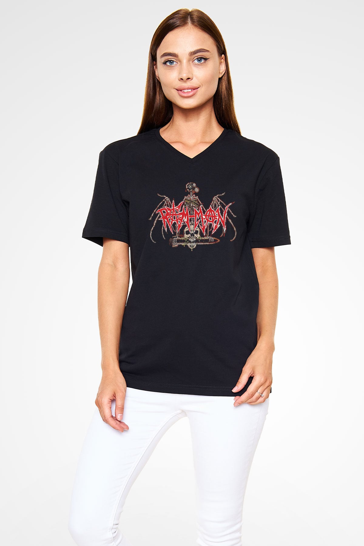 Ram Man Baskılı Unisex Siyah V Yaka Tişört - Tshirt