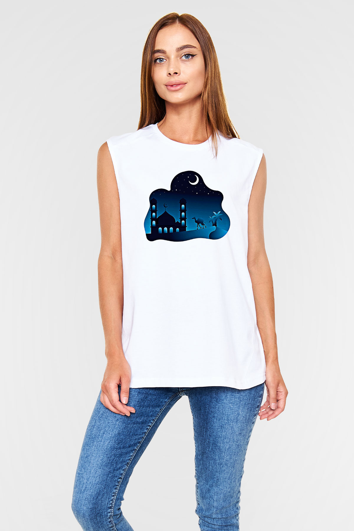Ramazan Bayramı Baskılı Beyaz Unisex Kolsuz Tişört - Tshirt