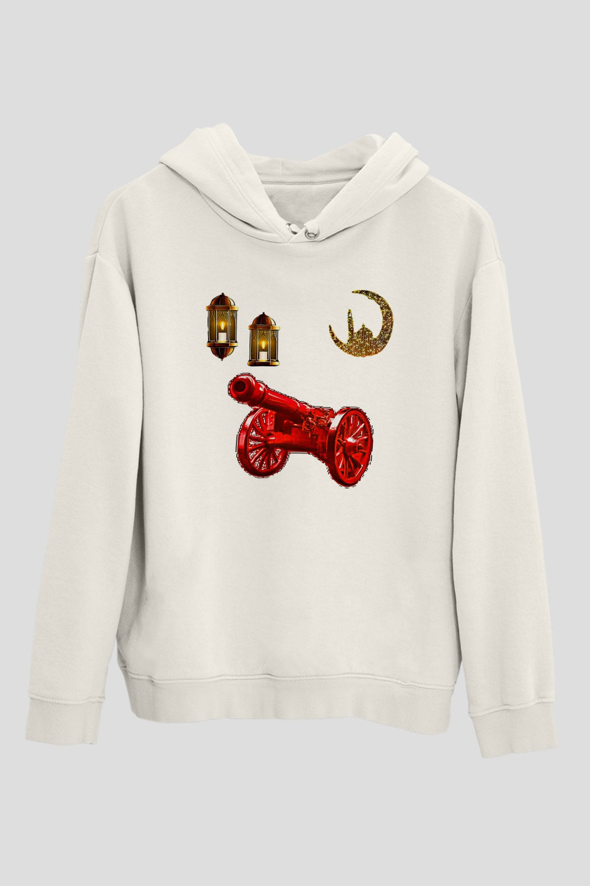Ramazan Bayramı Baskılı Beyaz Unisex Kapüşonlu Sweatshirt