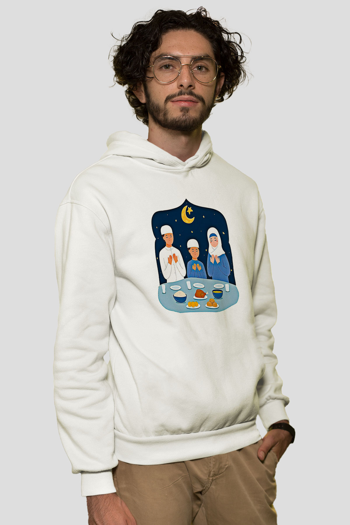 Ramazan Bayramı Baskılı Beyaz Unisex Kapüşonlu Sweatshirt