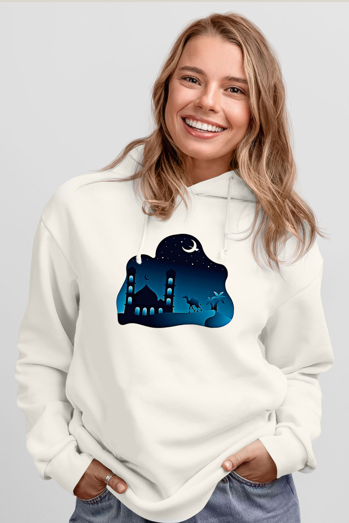 Ramazan Bayramı Baskılı Beyaz Unisex Kapüşonlu Sweatshirt