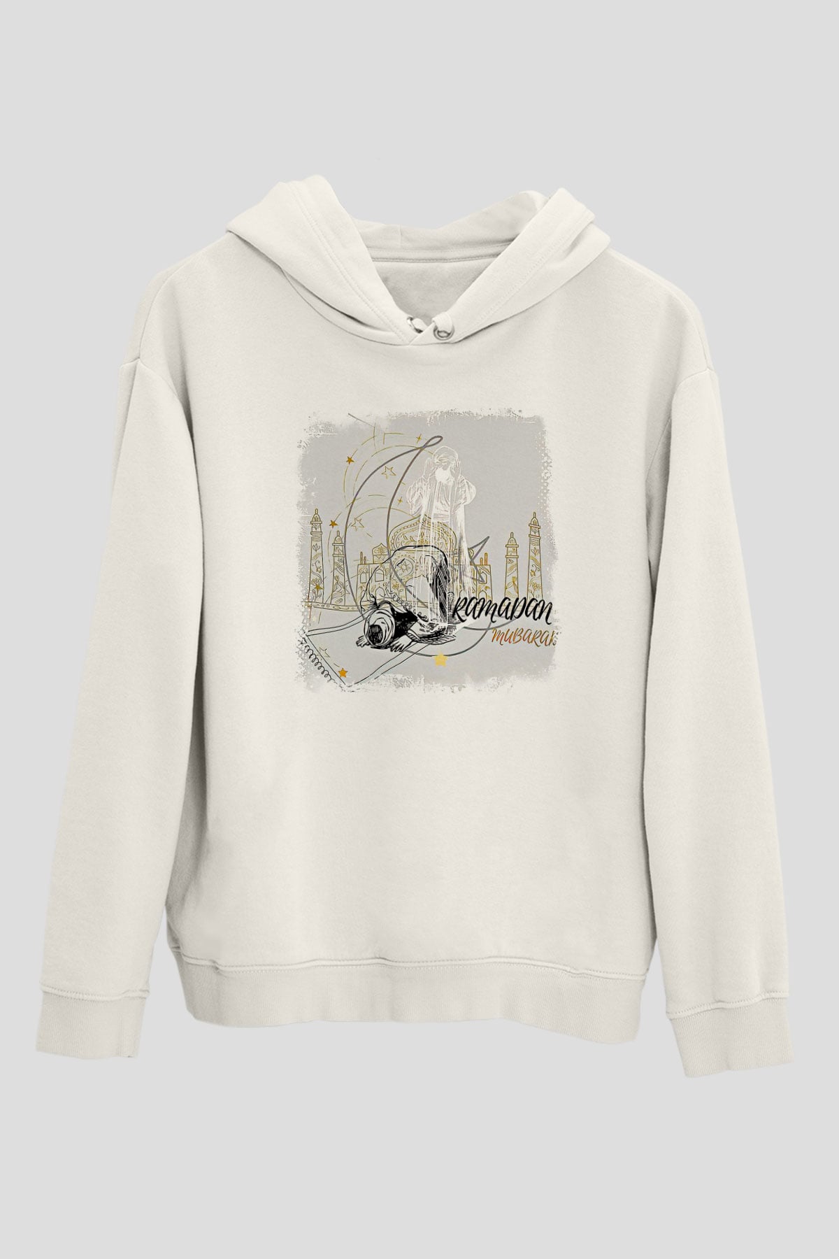 Ramazan Bayramı Baskılı Beyaz Unisex Kapüşonlu Sweatshirt