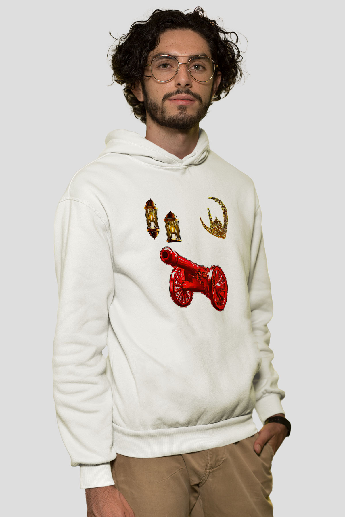 Ramazan Bayramı Baskılı Beyaz Unisex Kapüşonlu Sweatshirt